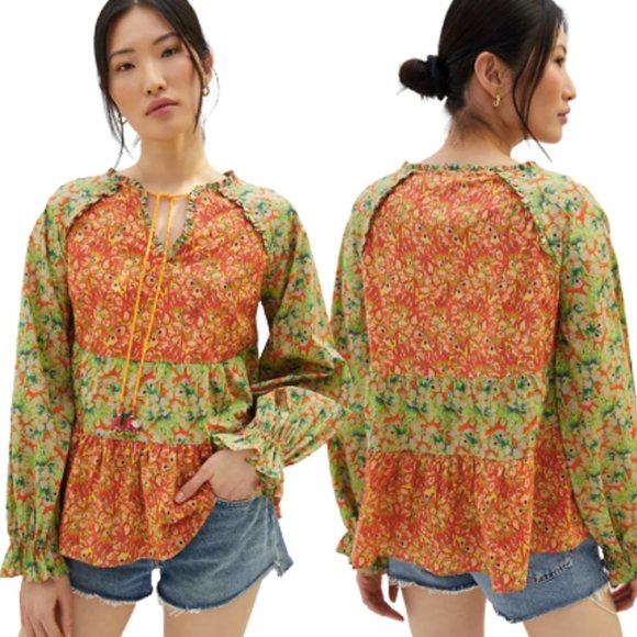 Roopa Pemmaraju Vivi Floral Patchwork Peplum Peasant Blouse Anthropologie Medium - Picture 1 of 15